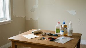Appartement récemment libéré avec murs réparés, outils de peinture, produits de nettoyage, clés et enveloppe neutre évoquant l’inspection et une éventuelle retenue sur le dépôt de garantie.