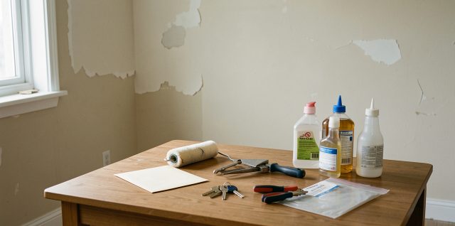 Appartement récemment libéré avec murs réparés, outils de peinture, produits de nettoyage, clés et enveloppe neutre évoquant l’inspection et une éventuelle retenue sur le dépôt de garantie.