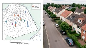 Carte immobilière française sans annotations visibles, avec limites cadastrales, repères colorés et rue résidentielle bordée de maisons.