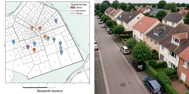 Carte immobilière française sans annotations visibles, avec limites cadastrales, repères colorés et rue résidentielle bordée de maisons.
