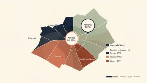 Carte infographique élégante des Hauts-de-Seine mettant en évidence Asnières-sur-Seine, Clamart et Neuilly-sur-Seine par des repères colorés et des zones graduées évoquant les prix immobiliers au mètre carré.