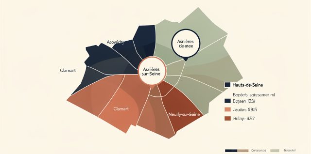 Carte infographique élégante des Hauts-de-Seine mettant en évidence Asnières-sur-Seine, Clamart et Neuilly-sur-Seine par des repères colorés et des zones graduées évoquant les prix immobiliers au mètre carré.