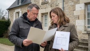 Un couple examine un dossier immobilier aux pages vierges devant une ancienne maison française, dans une ambiance réaliste et sobre.