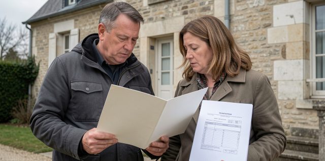 Un couple examine un dossier immobilier aux pages vierges devant une ancienne maison française, dans une ambiance réaliste et sobre.