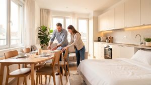 Un propriétaire et une locataire vérifient le mobilier d’un studio lumineux avec table, chaises, literie et cuisine équipée.