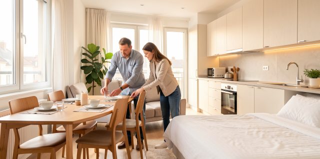 Un propriétaire et une locataire vérifient le mobilier d’un studio lumineux avec table, chaises, literie et cuisine équipée.
