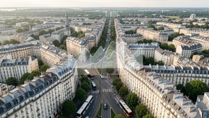Vue aérienne réaliste d’une ville française avec immeubles résidentiels, rues arborées, transports en commun et visualisation abstraite discrète du rendement locatif.