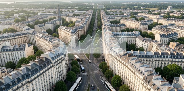 Vue aérienne réaliste d’une ville française avec immeubles résidentiels, rues arborées, transports en commun et visualisation abstraite discrète du rendement locatif.