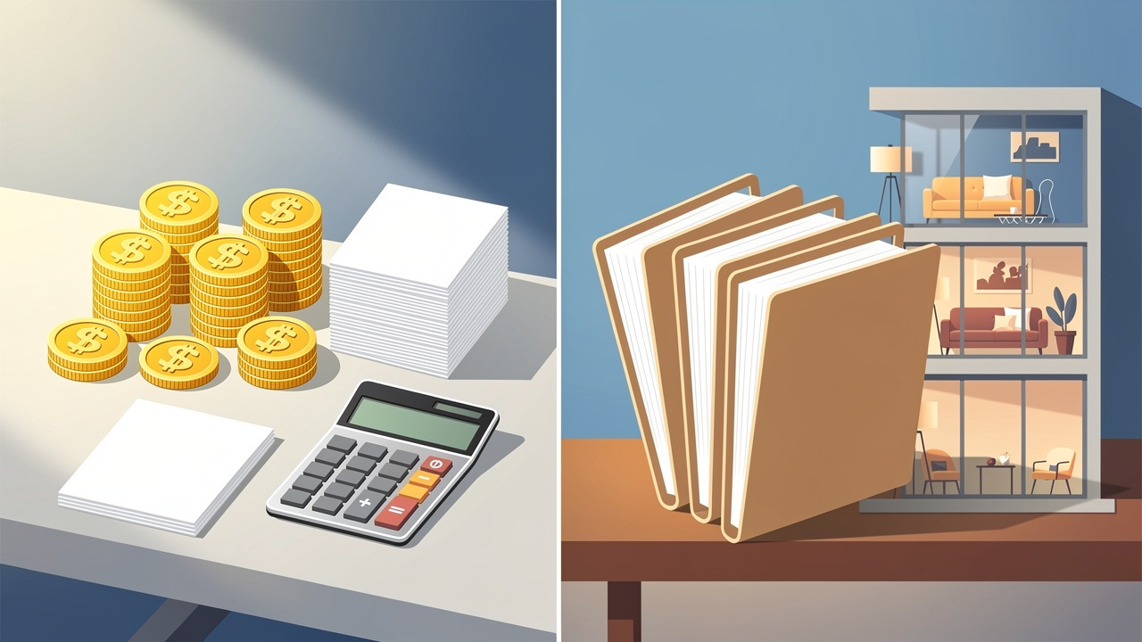 Illustration comparative de deux modes de calcul pour une location meublée, avec loyers, charges, calculatrice et immeuble résidentiel.