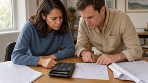 Un couple examine une calculatrice de prêt immobilier et une carte non annotée de la France sur une table, dans une scène éditoriale réaliste.