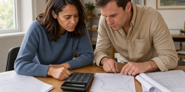 Un couple examine une calculatrice de prêt immobilier et une carte non annotée de la France sur une table, dans une scène éditoriale réaliste.