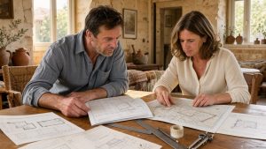 Un homme et une femme consultent des documents de diagnostic immobilier et des plans cadastraux sur une table dans un appartement ancien et lumineux d’Occitanie.
