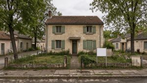 Maison familiale des années 1970 avec façade vieillissante et panneau immobilier vierge, dans une petite ville française calme et marquée par le temps.