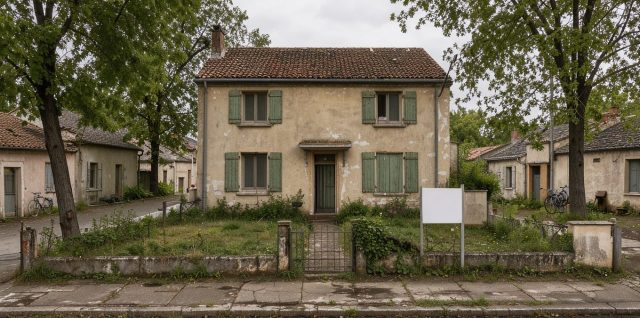 Maison familiale des années 1970 avec façade vieillissante et panneau immobilier vierge, dans une petite ville française calme et marquée par le temps.