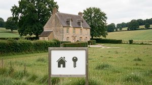 Maison individuelle en pierre au cœur d’un paysage rural de la Nièvre, avec un panneau visuel sans texte évoquant la comparaison entre location et achat.