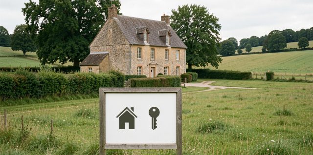 Maison individuelle en pierre au cœur d’un paysage rural de la Nièvre, avec un panneau visuel sans texte évoquant la comparaison entre location et achat.
