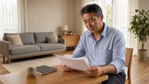 Un propriétaire consulte des documents fiscaux sur une table dans un appartement meublé, lumineux et à l’ambiance sobre et professionnelle.