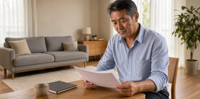 Un propriétaire consulte des documents fiscaux sur une table dans un appartement meublé, lumineux et à l’ambiance sobre et professionnelle.