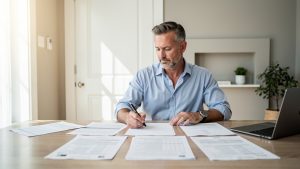 Propriétaire consultant des documents fiscaux et de location meublée sans texte lisible sur un bureau lumineux.