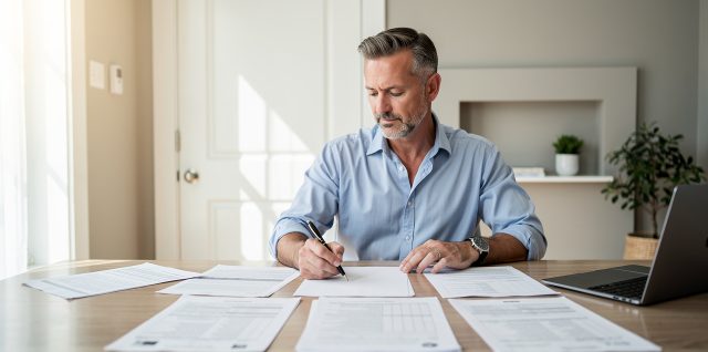 Propriétaire consultant des documents fiscaux et de location meublée sans texte lisible sur un bureau lumineux.
